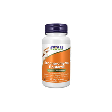 Now Foods' Saccharomyces Boulardii Probiotic 5 Billion CFU 60 Veg Capsules, displaying immune system support and digestive system support text.